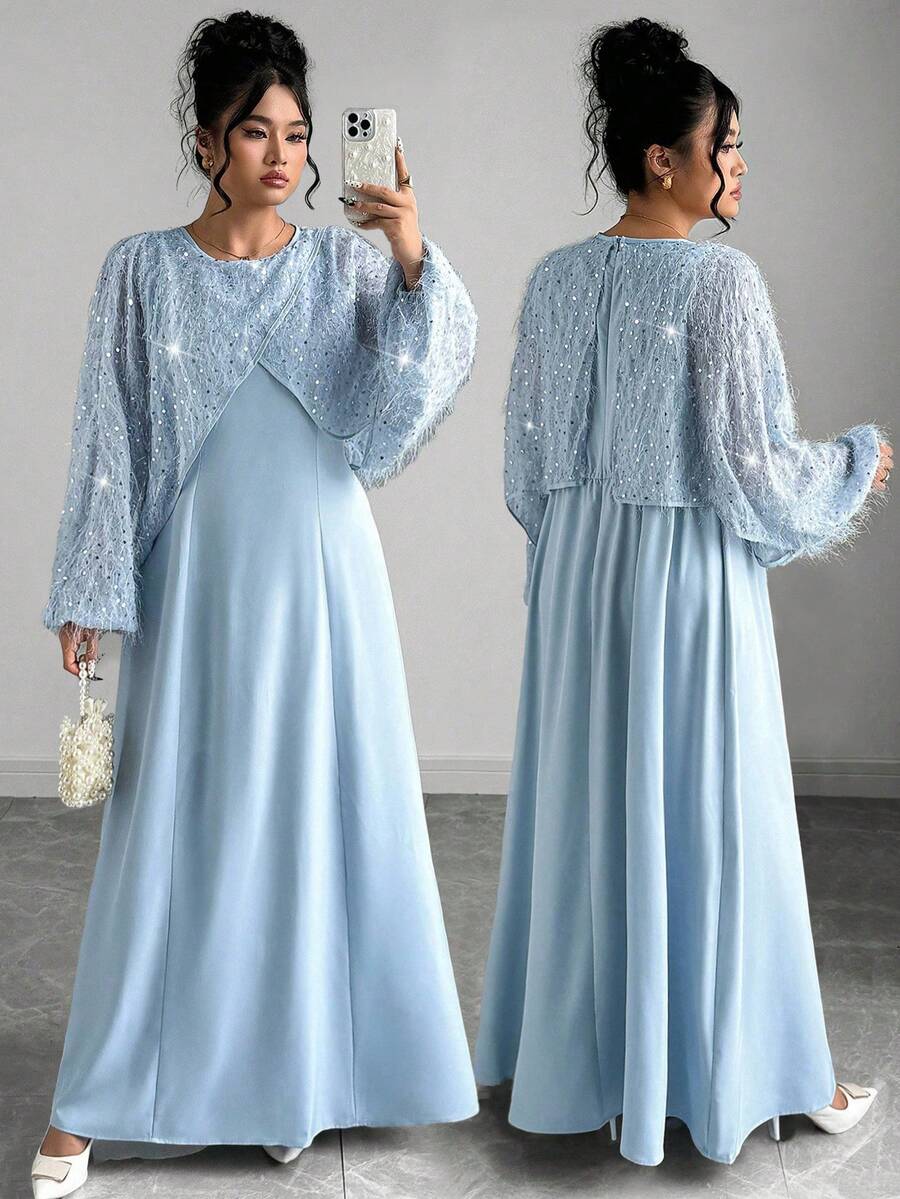 Elenzga Vestido elegante con mangas de murciélago con lentejuelas de talla grande, para uso en fiestas, primavera/otoño