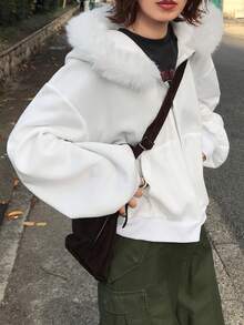 FRIFUL Women's Solid Color Drop Shoulder Long Sleeve Zipper Front Casual Thermal Lined Sweatshirt With Fur Collar Patchwork Jacket Hoodies School - White - View 4