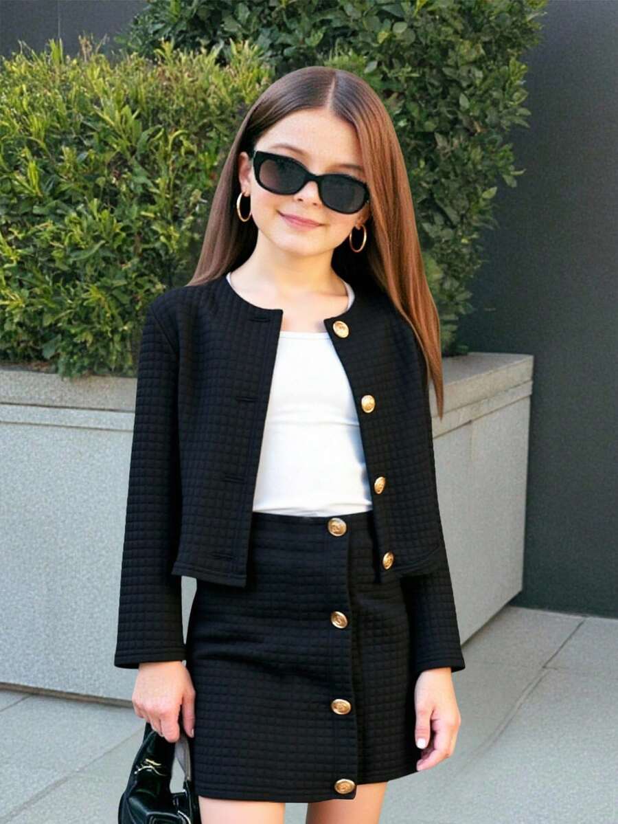 SHEIN NovaGlow Tween Girls Casual Everyday Commute Knit Textured Black Jacket Set - Black - View 1