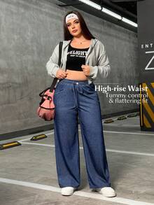 Flexra Celana Jeans Kasual Longgar Kaki Lebar dengan Tali Serut Pinggang untuk Wanita Ukuran Plus - Biru - View 6