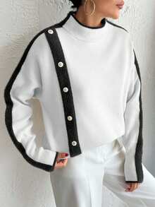 EURMUSE Casual Color Block Stand Collar Sweater, Autumn/Winter - White - View 4