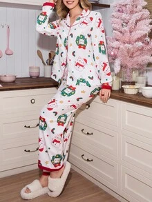 SweetSlumber süße Katze Weihnachts-Muster Farbblock Kragen Langarm Top & Hose Damen Pyjama Set, Herbst Winter Kleidung
