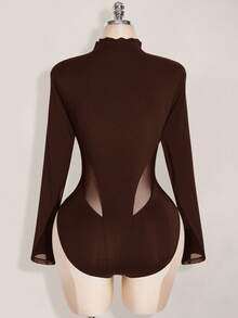 SHEIN ICON Plus Size Y2K Long Sleeve Mesh Patchwork Bodysuit, Sexy Mesh Bodysuit For Halloween, Halloween Costume, Autumn - Brown - View 2