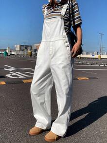 DAZY 女式宽松全白牛仔背带裤，秋季 - 白色 - 查看 6