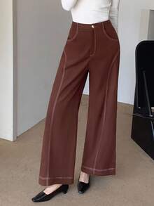 Feyla Women's Casual Wide Leg Button Pocket Pants - Brown - View 5