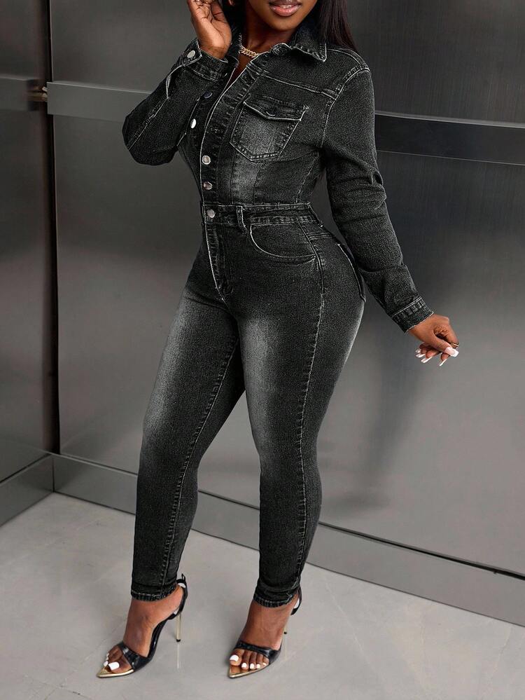 SHEIN SXY Bộ đồ liền thân denim bó sát thường ngày cỡ lớn dành cho nữ - Màu xám đen - Xem 4