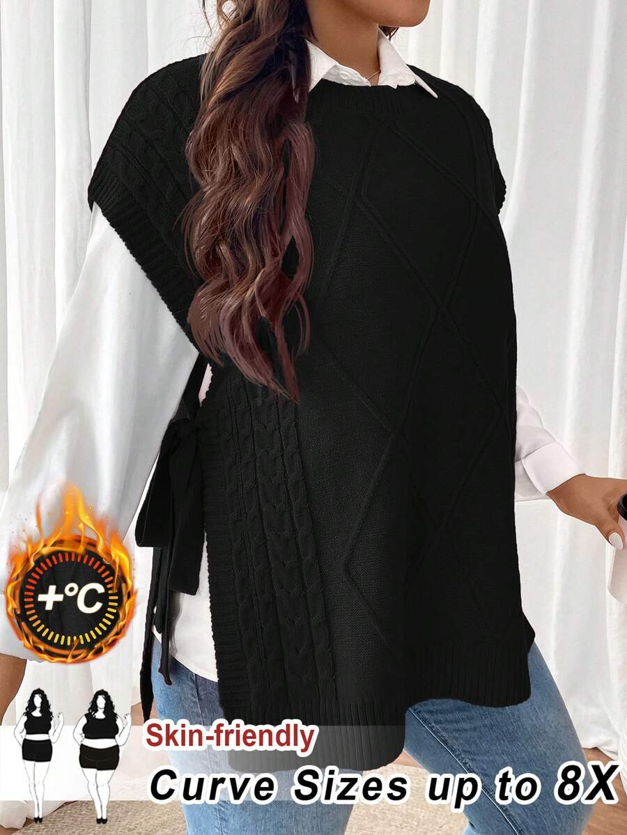 SHEIN CURVE+ 大码女式红色圆领扭结侧蝴蝶结宽松无袖背心，优雅适合秋冬季通勤和度假 - 黑色 - 查看 1