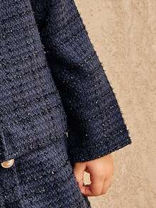 SHEIN 年轻女孩时尚优雅蓝色夹克搭配裙子，珍珠纽扣设计可爱装，秋冬 - 藏蓝色 - 查看 11