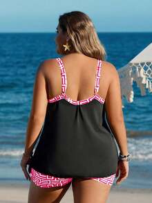 Swim Lushoire Damen Große Größen Sommer Strand geometrisches Muster Lässig Tankini Badeanzug Set