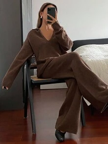 DAZY 女式宽松V领毛衣和裤子两件套，秋冬 - 棕色 - 查看 5