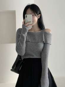 DAZY Off-Shoulder Elastic Fitted Layering Top, Soft Long Sleeve Sweater For Women