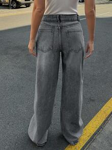 EURMUSE RueChic 100% Cotton Low Waist Wash Detailed Wide Leg Jean - Dark Grey - View 2