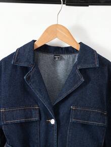 SHEIN Teen Girl Fall & Winter Solid Washed Denim Jacket /Christmas /New Years/ Holiday Party Girl Coat/Y2k Washed With Pockets/Street Style/Belt/Classy/Daily Wear/Casual