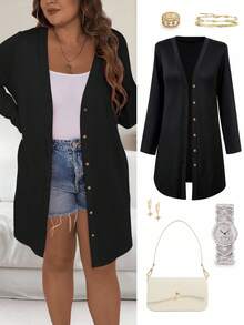 Franclia Plus Size V-Neck Buttoned Long Sleeve Chic Gentle Fashion Relaxed Fit Loose Outerwear Fall Winter Cloth For Women Autumn - Black - View 1
