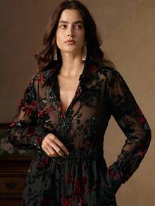 Anewsta 2件套女士优雅花卉刺绣长袖衬衫和裤子套装 - 酒紅色 - 查看 7