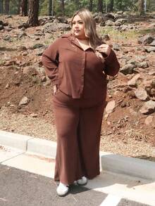 Enliva Melanieangelese 2pcs Plus Size Women's Solid Color Button-Front Long Sleeve Blouse And Pants Set, For Apple Rounded Body Shape - Rust Brown - View 6