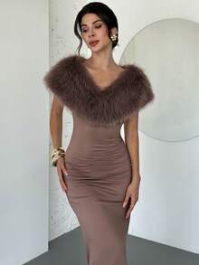 Firerie 女士优雅浪漫简约精致约会派对舞会礼服日常新款可拆卸蓬松披肩褶饰抹胸紧身棕色连衣裙 - 棕色 - 查看 6