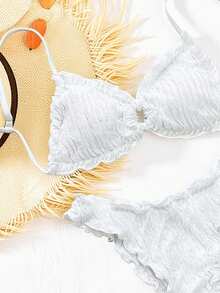 Vaytide Bộ bikini đi biển thường ngày bằng vải jacquard màu trơn viền bèo nhún dễ thương dành cho nữ - trắng - Xem 5