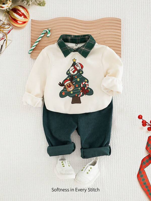 Cozy Pixies 2pcs/Set Baby Boys Christmas Tree Plaid Contrast Color Collared Long Sleeve Top And Casual Pants Holiday Outfit