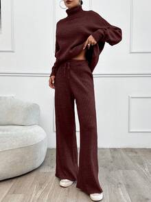 SHEIN Tall Pulover cu guler înalt și umeri căzuți, 2 buc., și pantaloni cu nervuri, culoare uni - Burgundia - Vizualizare 8
