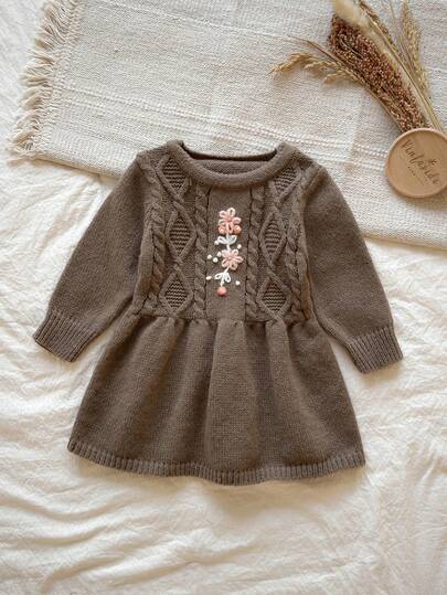 SHEIN Vintaside Kids 1pc Baby Girl Diamond Pattern Crochet Flared Hem Embroidered Elegant Cute Casual Versatile Comfortable Sweater Dress, Suitable For Dining, Shopping, Amusement Park, Family Gathering, Vacation, Outdoor Play, Travel, Autumn/Winter Bestseller Baby Clothes Girl Fall Sweater Brown Dress For Babies Baby Winter Dress Woodland Baby Clothes Baby Dress Fall Baby Winter Dress Knit Baby Girl Clothes Baby Fall Winter Dress Autumn And Winter Young Girls Dressse Warm Knit Baby Dress Long Sleeve Knitted Dress Baby Girl Knitted Dress  Baby Girl Dress Collared Baby Girl Dress Baby Girl Long Sleeve Dress Warm Baby Girl Dress Baby Winter Dress Grey Baby Dress Baby Sweater Dress