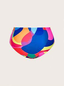Swim Oasis 大码女式几何印花拼布荷叶边比基尼套装带罩衫裙，海滩度假 - 彩色 - 查看 6