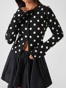 LYSMO 2025新款极简主义冬季女式波点图案长袖单排扣休闲针织开衫，适合秋季、新年、圣诞节、感恩节派对穿着 - 黑色 - 查看 4