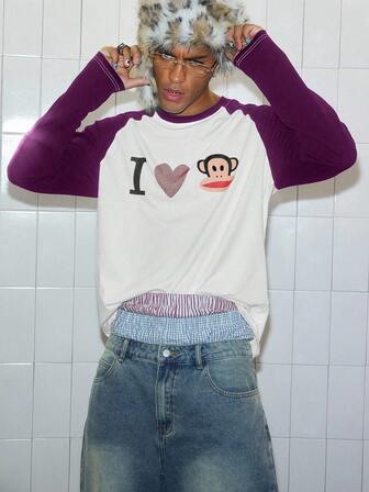 Paul Frank X ROMWE Maglietta a maniche lunghe da uomo in autunno con contrasto di colore, motivo a cuore e scimmia con strass