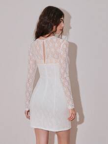Modelyn Women's Elegant Solid Color Lace Fitted Mini Dress - White - View 2
