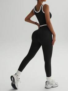 Dewbera Bộ đồ thể thao áo ba lỗ màu tương phản tập yoga và quần legging cạp bất đối xứng cho nữ - Nhiều màu - Xem 2