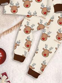 SHEIN Baby Jungen Lässige, modische, warme und bequeme klassische Weihnachts-Pyjama-Set mit Slim Fit Rundhalsausschnitt Langarmshirt und Hose, mit Motiven wie Weihnachtsbaum, Weihnachtsbär und Weihnachtsreh, geeignet für Herbst/Winter