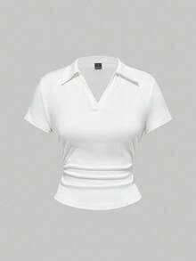 ROMWE Grunge Punk 基本款性感 Polo 復古前開鈕扣女款 T 恤 - 白色 - 查看 1