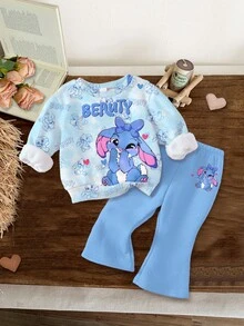 SHEIN 2件套女婴可爱卡通兔子露露，缝线图案，扎染蓝色卫衣和喇叭裤套装，休闲舒适厚实柔软，适合秋冬季穿着 - 彩色 - 查看 1