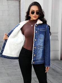 EMERY ROSE Women's Casual Single-Breasted Denim Jacket With Thermal Lined, Autumn/Winter - Medium Wash - View 8