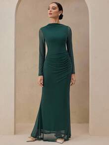 Graceveil 女式不对称领口褶饰腰部鱼尾下摆连衣裙，高端正式礼服，适合秋冬季外出约会 - 墨綠色 - 查看 3