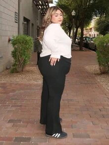 Enliva Melanieangelese Plus Size Autumn/Winter Casual Solid Color Wide-Waist Thickened Pants, For Apple Rounded Body Shape