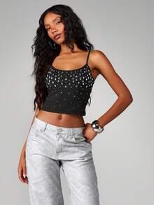 MISSGUIDED Studded Rhinestone Camisole Tank Top For Summer Festival Party Nights - Grey - View 3