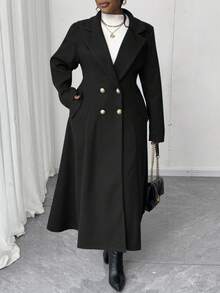 Maweii 大码女式方领翻领开襟水禽蓝腰部A字型口袋中长款优雅复古休闲可爱大衣，秋冬款 - 黑色 - 查看 2