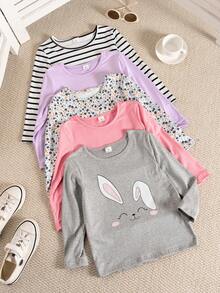 SHEIN Elladie kids 女童可爱卡通兔子条纹碎花长袖T恤，多件装 - 彩色 - 查看 5