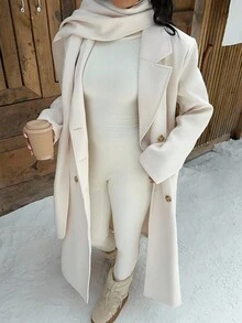 SHEIN EZwear 女士冬季双排扣长款大衣，带围巾设计，秋冬季奶油色大衣，舒适保暖 - 杏色 - 查看 3