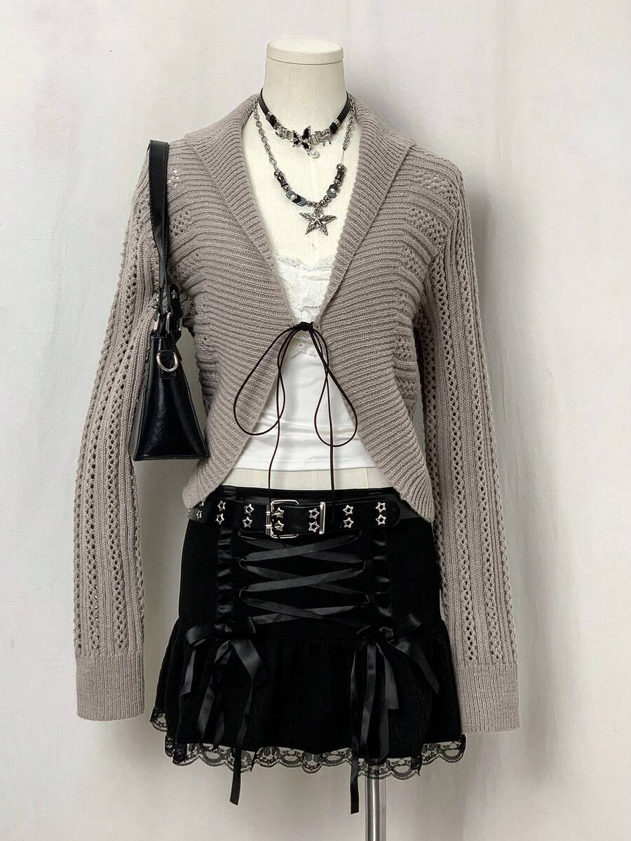 SHEIN Unity Jeanoir Y2k Thin Knitted Cardigan, Strappy Ladies Sweater - Camel - View 1