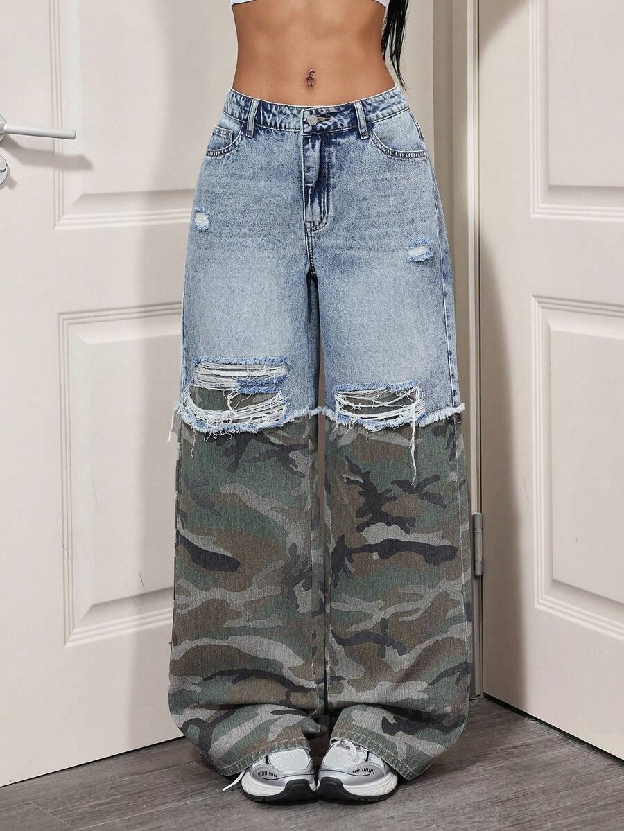 SHEIN Tall Casual Versatile Patchwork Camouflage Straight Leg Jeans - Multicolor - View 1