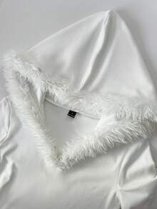 Elamini Furry Deep V-Neck Long Sleeve Hooded Dress, Suitable For Spring, Autumn And Winter - White - View 7