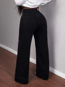 Slaydiva Women's Rhinestone Pocket Wide Leg Loose Casual Jeans