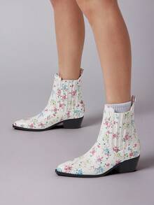 Solezae Botines de tacón grueso con estampado floral, estilo occidental casual y elegante para mujer - Beis - Ver 5