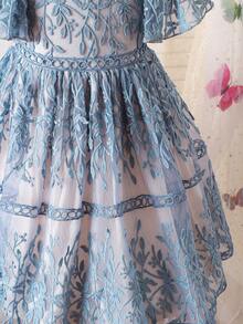 SHEIN Young Girl Elegant Party Embroidered Mesh Dress - Grey - View 5