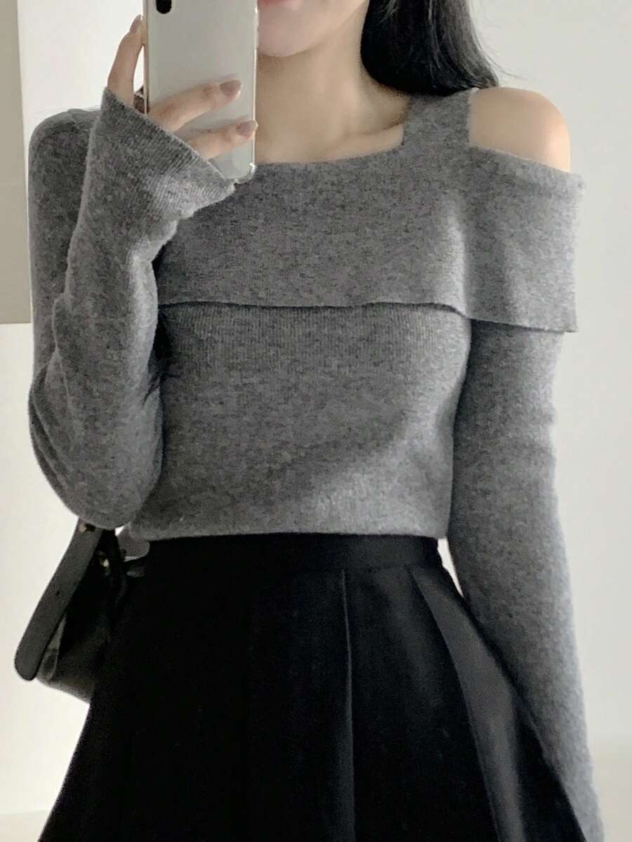 DAZY Off-Shoulder Elastic Fitted Layering Top, Soft Long Sleeve Sweater For Women