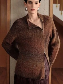 Uhlyne Gradient Knitwear Office Business Casual Asymmetric Brown Versatile Zip-Up Knit Cardigan Top,Halloween,Autumn/Winter, Minimalist, Work Wear, Teacher Outfits, Back To School, Fall , Business Casual,Old Money - Coffee Brown - View 1