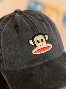 Paul Frank X SHEIN 经典休闲百搭百搭街头风深灰色刺绣棒球帽，防晒时尚配饰 - 黑色 - 查看 3