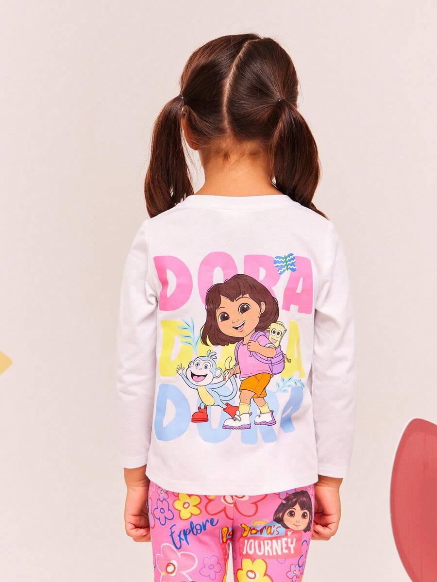 DORA | SHEIN Young Girl Casual Loose Fit Cartoon Graphic Round Neck Long Sleeve White T-Shirt - White - View 1
